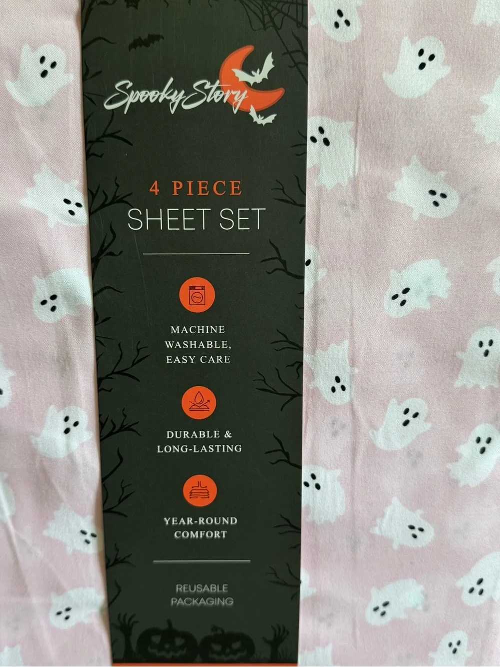 Spooky Story Queen 4-Piece Bed Sheet Set Pink Ghost Halloween Print New Bedding